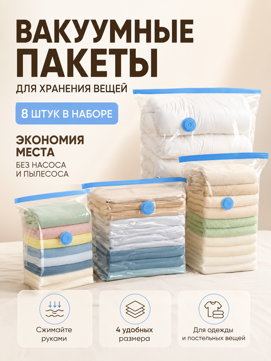 Фото товара 25878, вакуумные пакеты для хранения вещей 8 штук